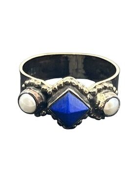 Blue pyramid stone pearl vintage sterling silver ring size 6